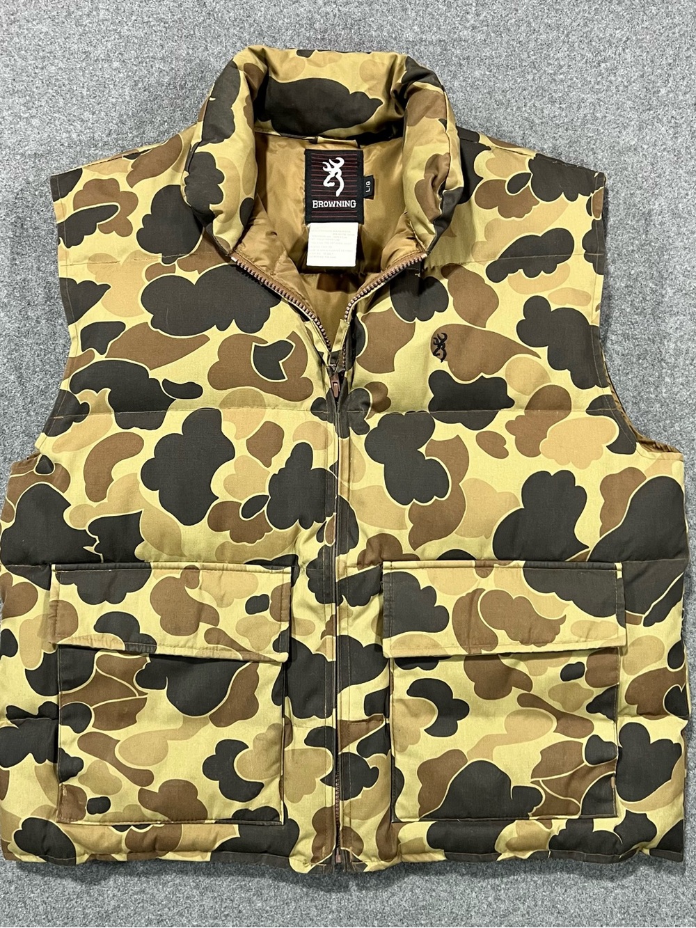 Vintage Browning Down Filled Brown Duck Camo Puffer Vest Men’s Size Large